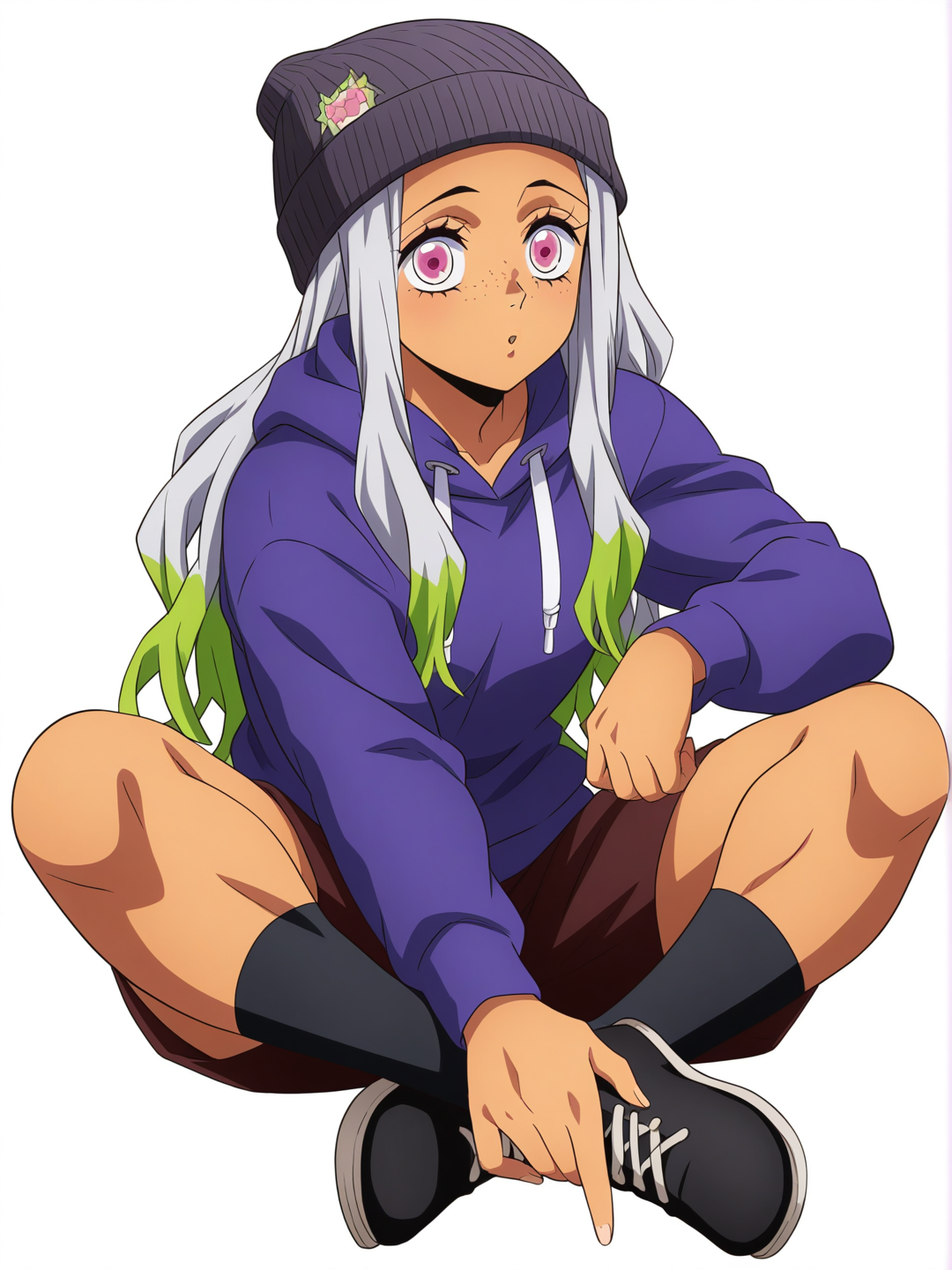 [pop-anime-style] 1girl, kimetsu_no_yaiba, muscular, slim, tall_girl, long_hair, straight_hair, grey_hair, pink_eyes, freckles, sitting, hoodie, tan, beanie, single character, full body, looking at viewer, anime style, simple background, white background