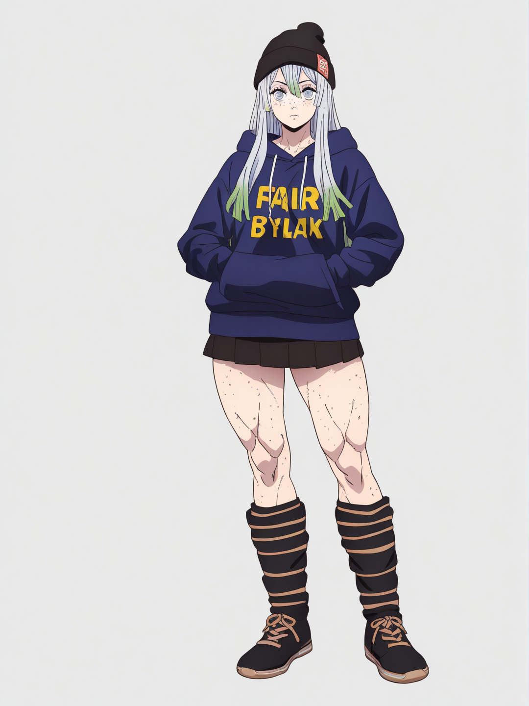 [pop-anime-style] 1girl, teenager, muscular, curvy, tall, silver hair, long hair, gray eyes, freckles, fair skin, hoodie, beanie, realistic, demon slayer style, single character, full body, looking at viewer, simple background, white background