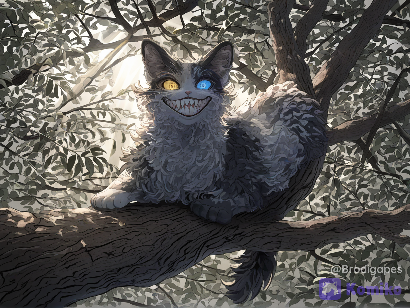animal, no humans, grey cat, cat, black cat, multicolored fur, solo, crazy eyes, crazy smile, crazy, lying, tree, absurdres, multicolored eyes, yellow eyes, blue eyes, teeth, solo focus, light rays, looking at viewer, [ethereal-fantasy-style]