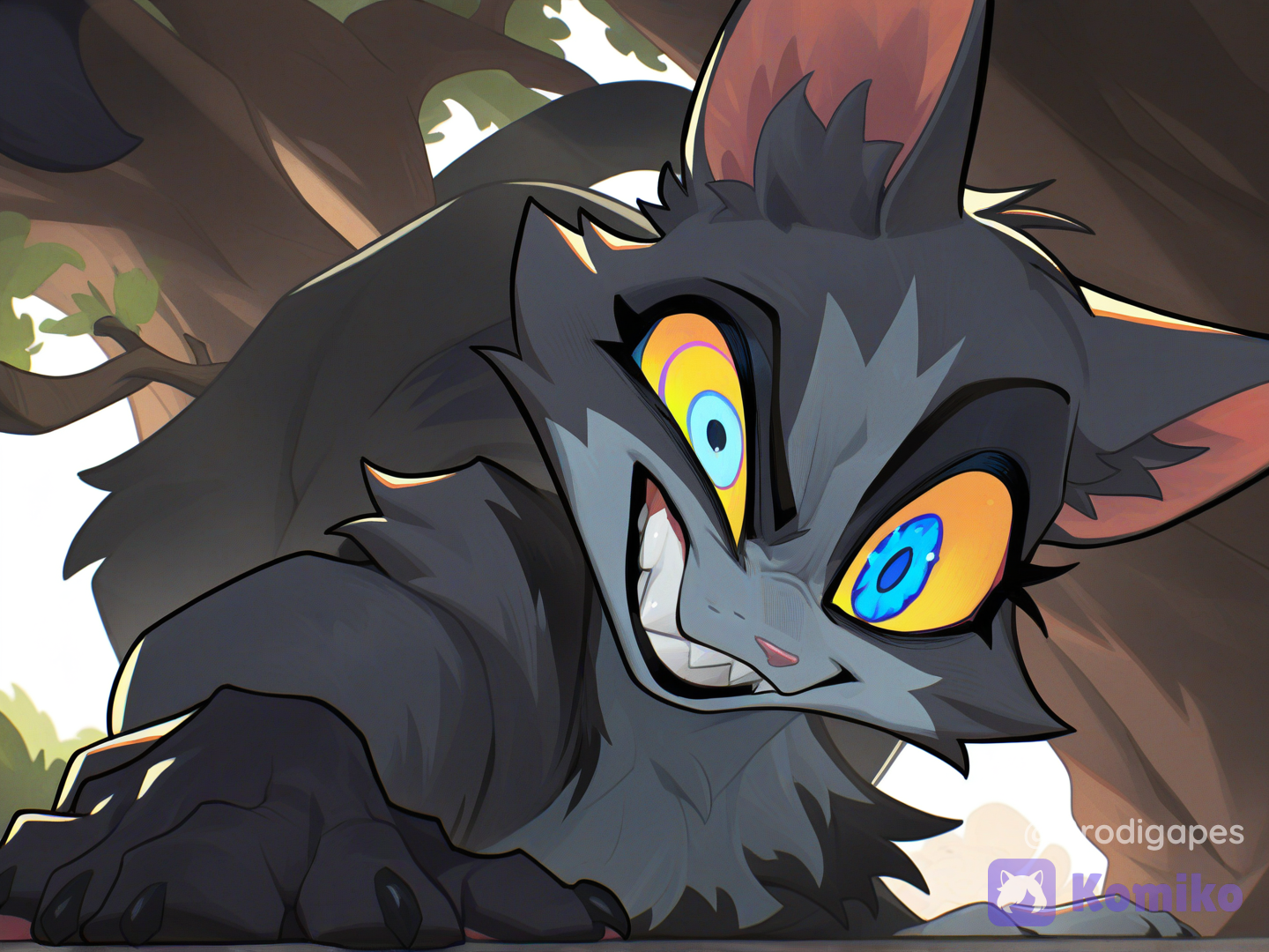 animal, no humans, grey cat, cat, black cat, multicolored fur, solo, crazy eyes, crazy smile, crazy, lying, tree, absurdres, multicolored eyes, yellow eyes, blue eyes, teeth, solo focus, light rays, looking at viewer, [layered-cel-anime-style]