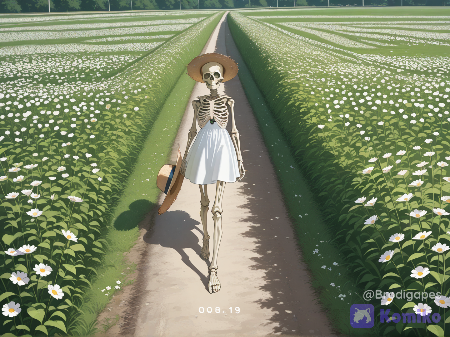no humans, skeleton, solo, absurdres, surreal, white sundress, walking, flower field, straw hat, looking at viewer