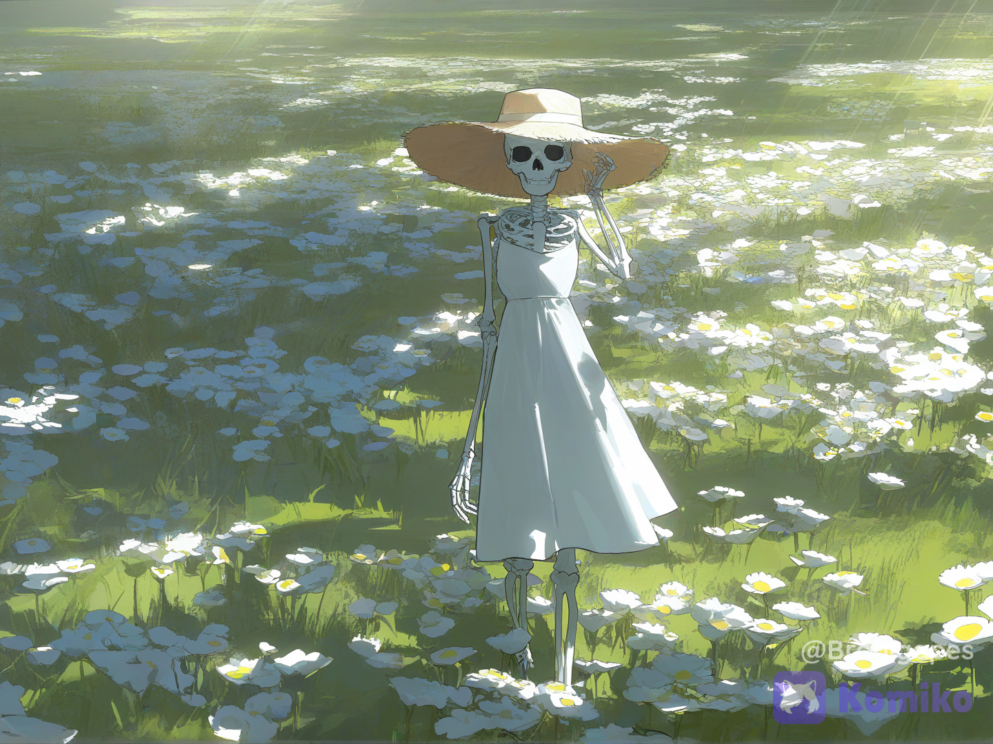 no humans, skeleton, solo, absurdres, surreal, white sundress, walking, flower field, straw hat, looking at viewer, light rays, [faded-canvas-style]