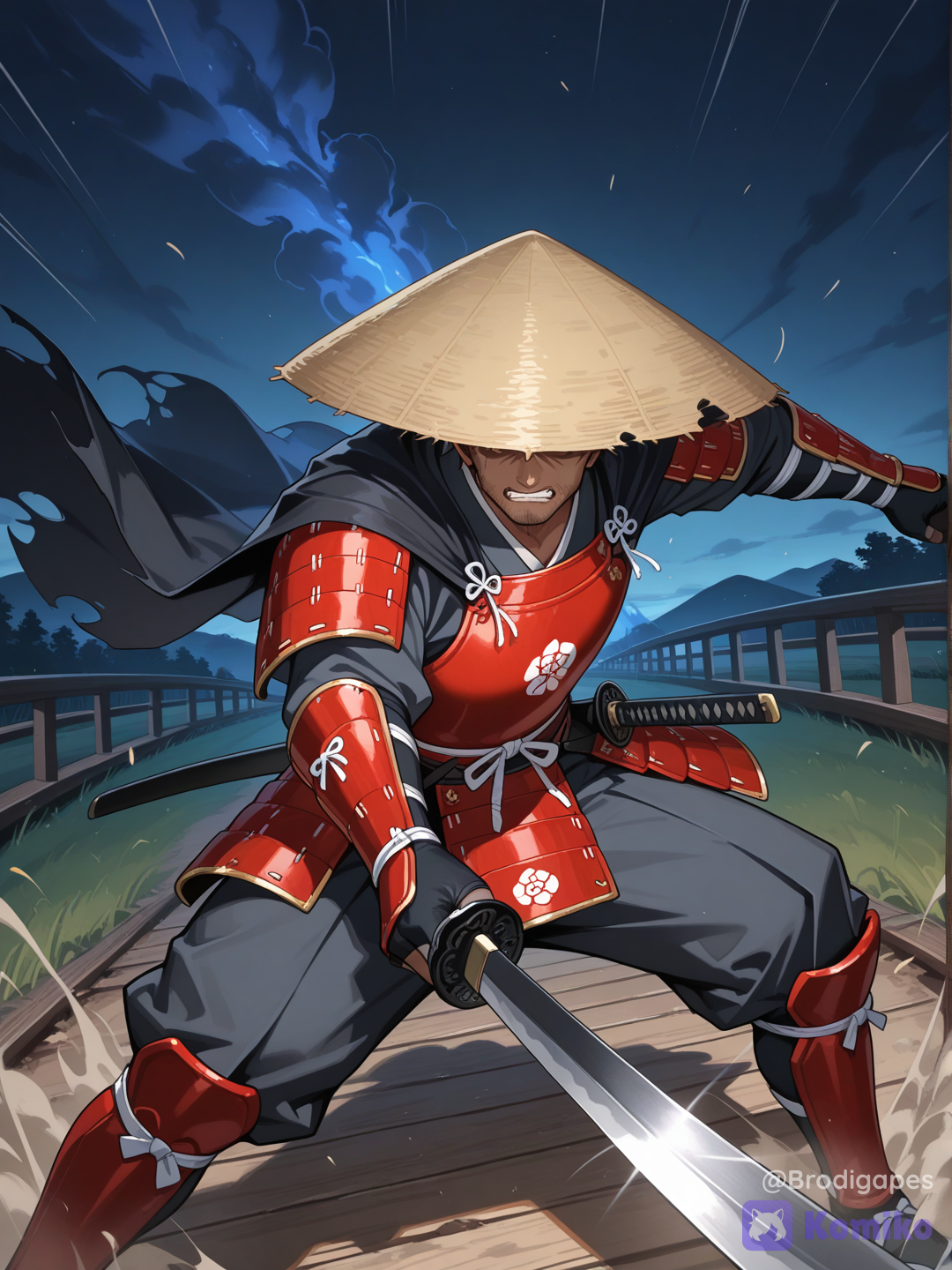 1boy, mature male, skinny, dark skin, samurai, ajirogasa, chews on a straw, japanese armor, feet out of frame, goes towards the viewer, holding sword, fingerless gloves, two-tone armor, red armor, grey armor, solo, beard stubble, hat over eyes, torn hat, night, field, road, bridge, torn clothes, watson cross, scowl, angry, dangerous, dark aura, horror (theme), absurdres, small details, highly incoming attack, motion blur
