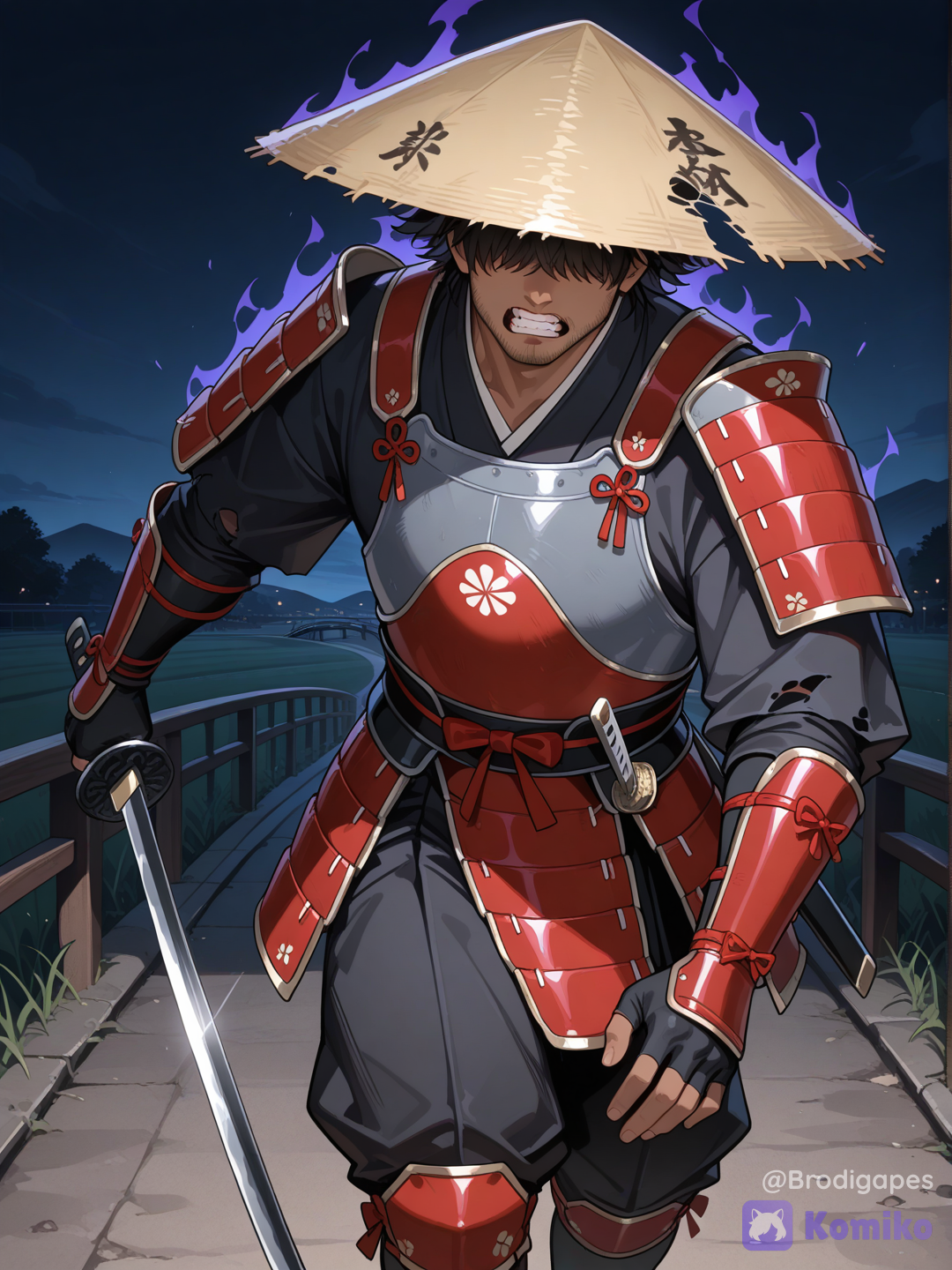 1boy, mature male, skinny, dark skin, samurai, ajirogasa, chews on a straw, japanese armor, feet out of frame, goes towards the viewer, holding sword, fingerless gloves, two-tone armor, red armor, grey armor, solo, beard stubble, hat over eyes, torn hat, night, field, road, bridge, torn clothes, watson cross, scowl, angry, dangerous, dark aura, horror (theme), absurdres, small details, highly incoming attack, motion blur, dynamic pose
