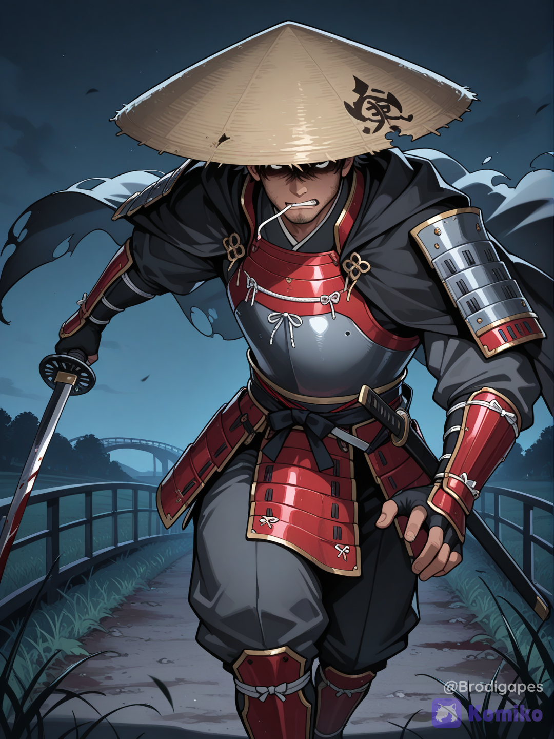 1boy, mature male, skinny, dark skin, samurai, ajirogasa, chews on a straw, japanese armor, feet out of frame, goes towards the viewer, holding sword, fingerless gloves, two-tone armor, red armor, grey armor, solo, beard stubble, hat over eyes, torn hat, night, field, road, bridge, torn clothes, watson cross, scowl, angry, dangerous, dark aura, horror (theme), absurdres, small details, highly incoming attack, motion blur, dynamic pose, grey theme