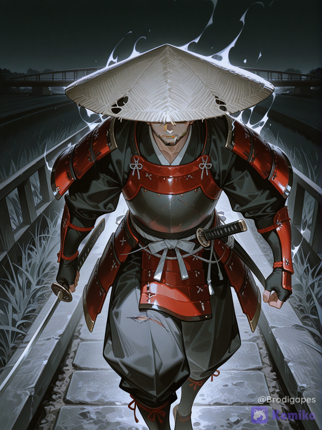 1boy, mature male, skinny, dark skin, samurai, ajirogasa, japanese armor, feet out of frame, goes towards the viewer, holding sword, fingerless gloves, two-tone armor, red armor, grey armor, solo, beard stubble, hat over eyes, torn hat, night, field, road, bridge, torn clothes, watson cross, scowl, angry, dangerous, dark aura, horror (theme), absurdres, small details, highly incoming attack, motion blur, dynamic pose, grey theme, monochrome, [high-gloss-illustration-style]