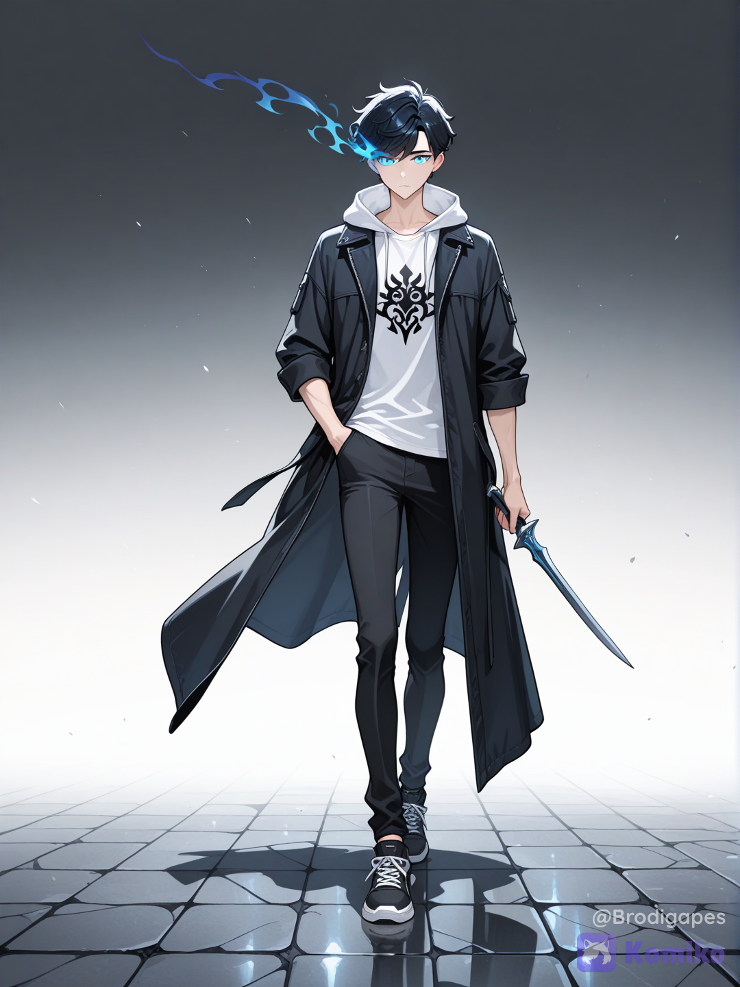 1boy, short hair, sung jinwoo \(solo leveling\), wavy hair, black hair, blue eyes, skinny, black pants, black shoes, sneakers, swept bangs, t-shirt, white shirt, solo, long shirt, open coat, black coat, hood down, hand in pocket, sleeves rolled up, holding dagger, walking, looking at viewer, side view, dark aura, flaming eye, glowing eyes, cinematic lighting, gradient background, white background, grey background, abstract background, fog, wind lift, stone floor, reflective floor