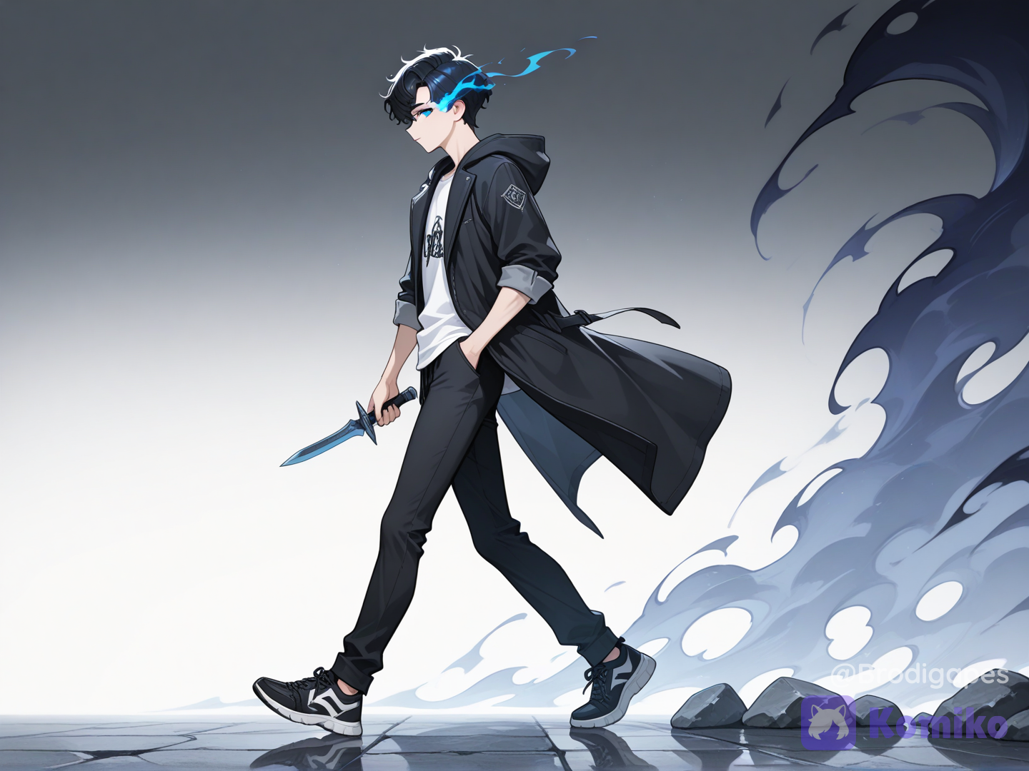 1boy, short hair, sung jinwoo \(solo leveling\), wavy hair, black hair, blue eyes, skinny, black pants, black shoes, sneakers, swept bangs, t-shirt, white shirt, solo, long shirt, open coat, black coat, hood down, hand in pocket, sleeves rolled up, holding dagger, walking, looking at viewer, dark aura, flaming eye, glowing eyes, cinematic lighting, gradient background, white background, grey background, abstract background, fog, wind lift, stone floor, reflective floor, side profile photo