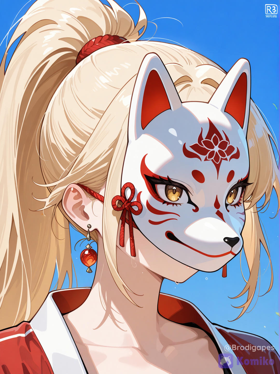 1girl, solo, looking away, headshot, collarbone, fox mask, covered face, earrings, blonde hair, high ponytail, blue sky