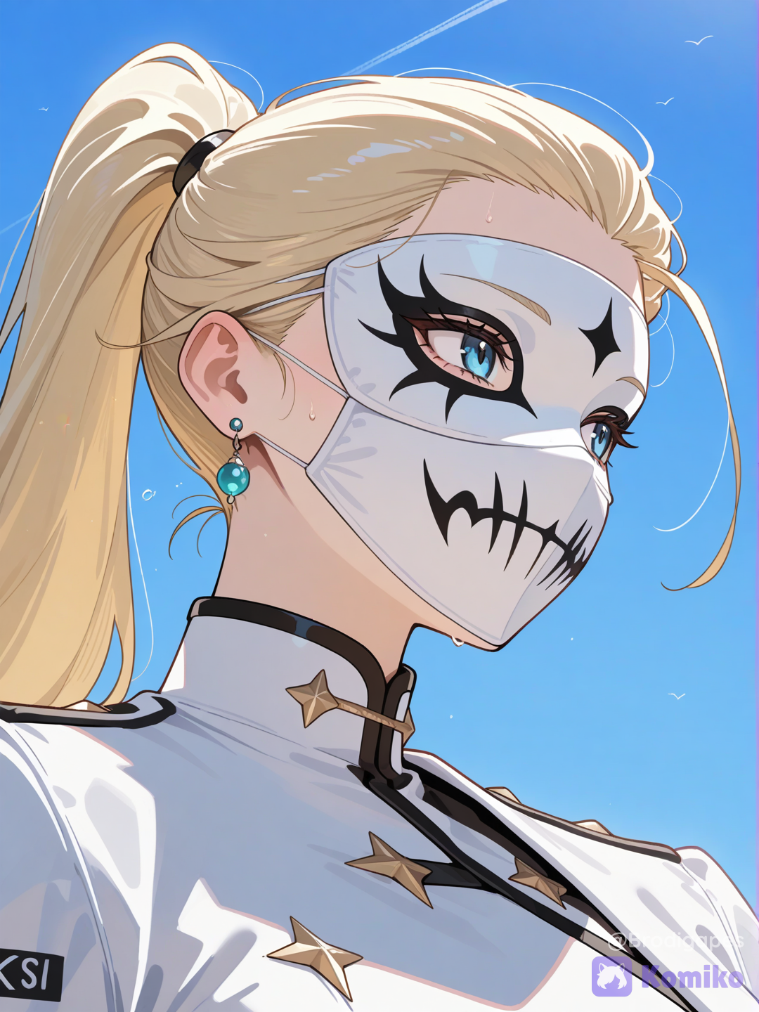 1girl, solo, looking away, headshot, covered face, earrings, blonde hair, high ponytail, blue sky, hair slicked back, white mask, from below