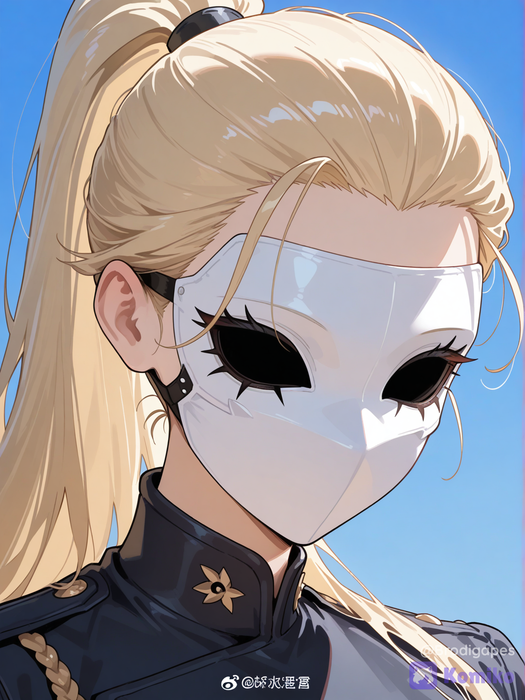 1girl, solo, headshot, covered face, blonde hair, high ponytail, blue sky, hair slicked back, looking at viewer, white mask, faceless female, no eyes