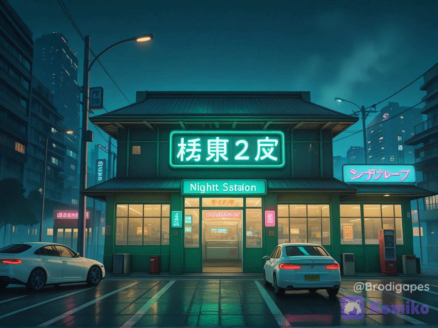 no humans, scenery, building, gas station, night, fog, neon lights, green neon lights, absurdres, white car