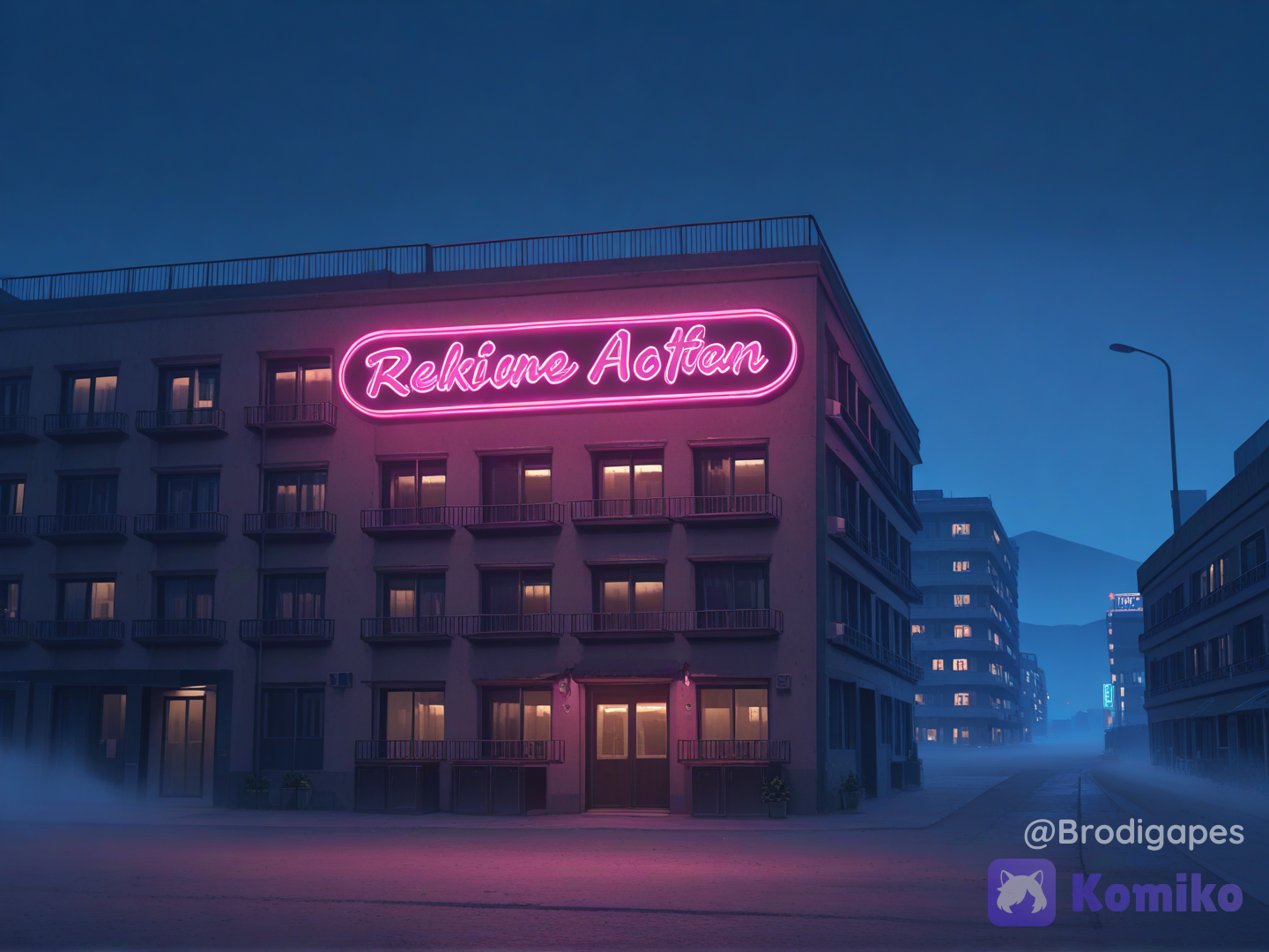 no humans, scenery, building, night, fog, neon lights, red neon lights, absurdres, detexted, textless version, desert, apartment, outdoors