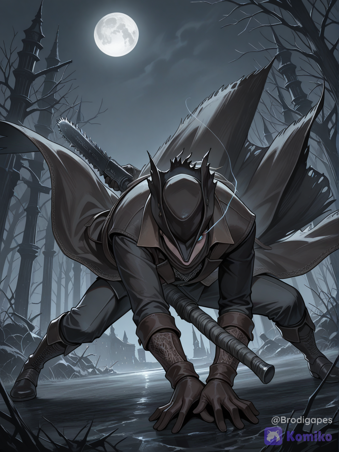 hunter \(bloodborne\), bloodborne, 1boy, coat, gloves, tricorne, saw, hunter (bloodborne), solo, night, dynamic pose, horror (theme), grey theme, eye trail, outdoors