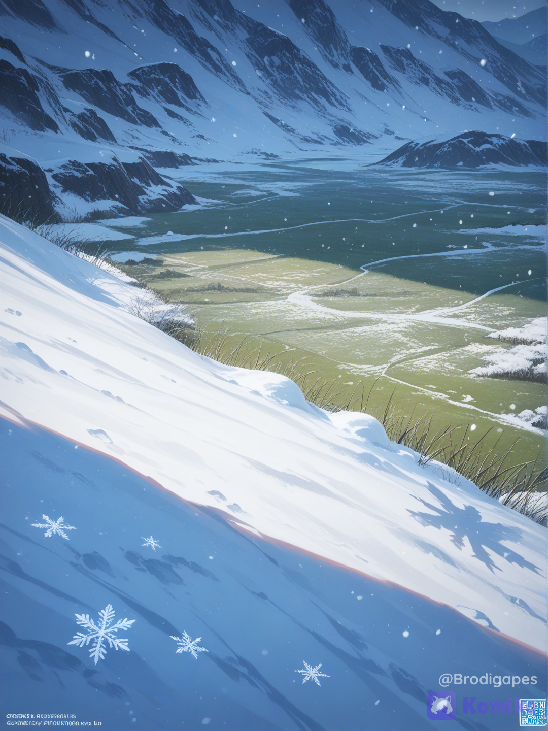 no humans, from above, silhouette, snow, snowing, grass, snowflakes, scenery, landscape, shadow