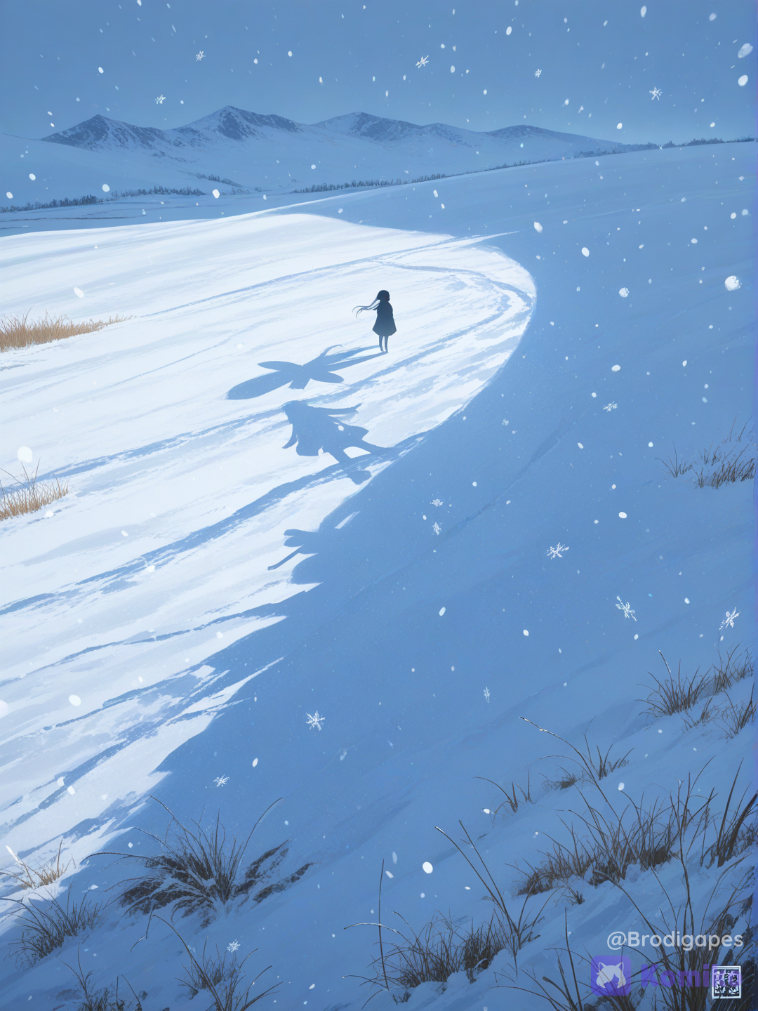 no humans, from above, silhouette, snow, snowing, grass, snowflakes, scenery, landscape, shadow, 1girl, surreal