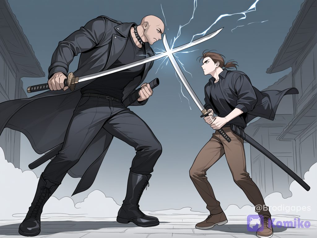 2boys, (brown hair, medium hair, hair slicked back, low ponytail, beard stubble, black shirt, partially unbuttoned, brown pants, black coat, open coat, brown shoes, looking at another, serious, brown eyes, katana), (sleeveless jacket, open jacket, black jacket, spiked choker, bald, angry, leather pants, black boots, greatsword), clenched swords, fighting, duel, street, outdoors, lightning, wind, height difference, sword clash, sword fight, clash, day, fog, from side, from above, [muscular-manhwa-style], wide shot