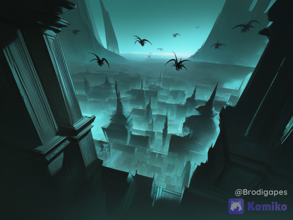 darkness, horror (theme), science fiction, no humans, city, architecture, xenomorph (theme), xenomorph style, temple, bird's-eye view, ultra-wide shot, [high-contrast-glossy-style], landscape