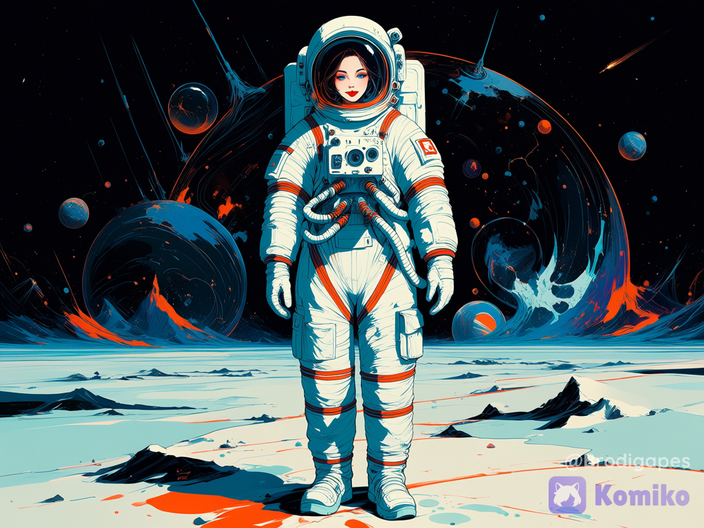 1girl, science fiction, white spacesuit, space helmet, open helmet, solo, blue eyes, thick lips, spacecraft, space, looking at viewer, standing, gloves, full body, technology, machinery, ultradetaleted, smile, red lips, abstract, surreal, outdoors, ultra-wide shot