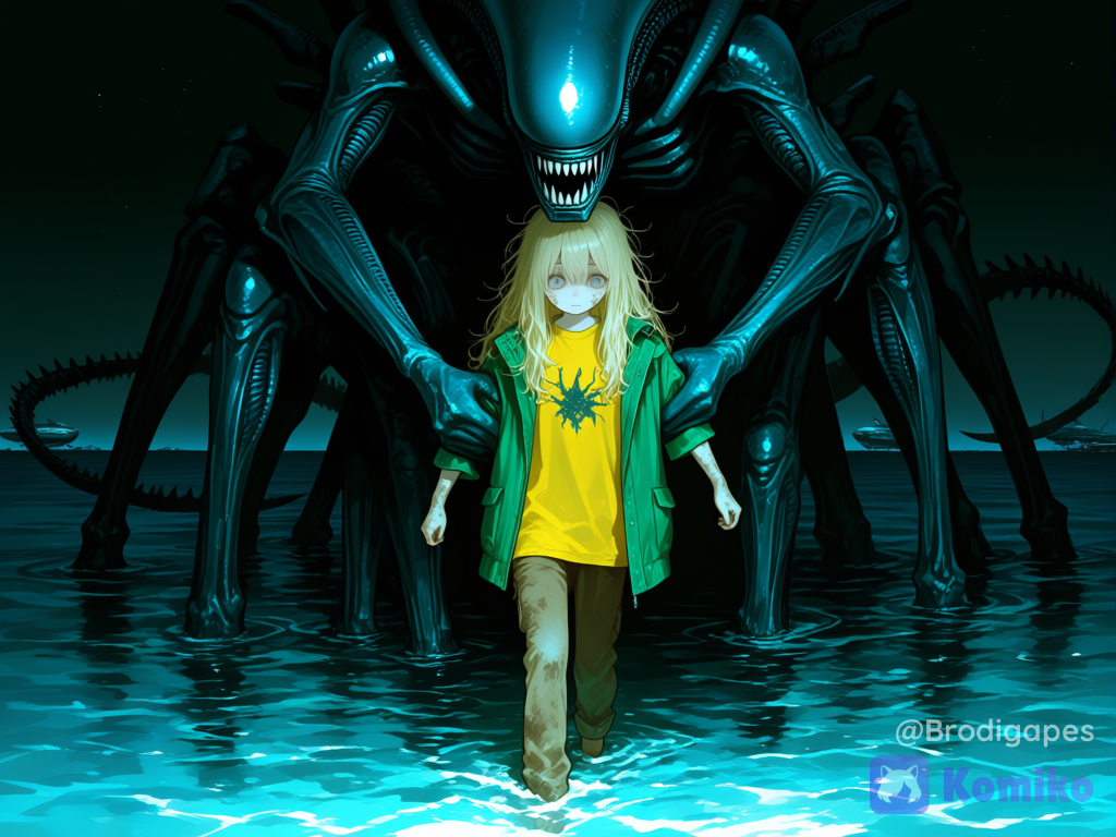 1girl, child, grey eyes, blonde hair, long hair, messy hair, dirty face, dirty clothes, standing, partially submerged, walking on liquid, science fiction, yellow t-shirt, brown pants, green jacket, open jacket, horror (theme), scared, facing viewer, spacecraft, grabbing from behind, xenomorph, xenomorph (theme), size difference, monster, darkness, [sensual-glossy-style]