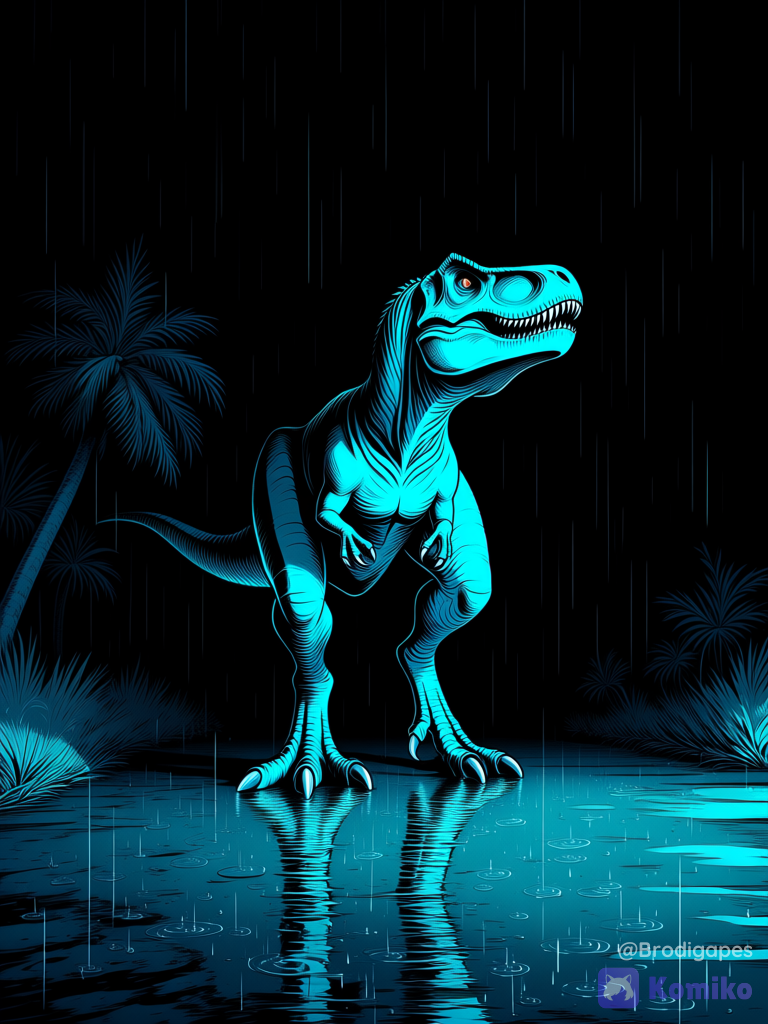no humans, dinosaur, t-rex, solo, full body, road, palm tree, night, rain, horror (theme), looking to the side, standing