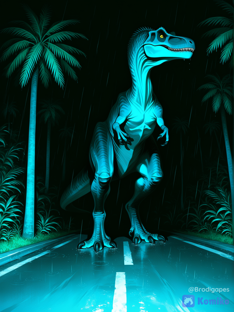 no humans, dinosaur, t-rex, solo, full body, road, palm tree, night, rain, horror (theme), looking to the side, standing, [sensual-glossy-style]