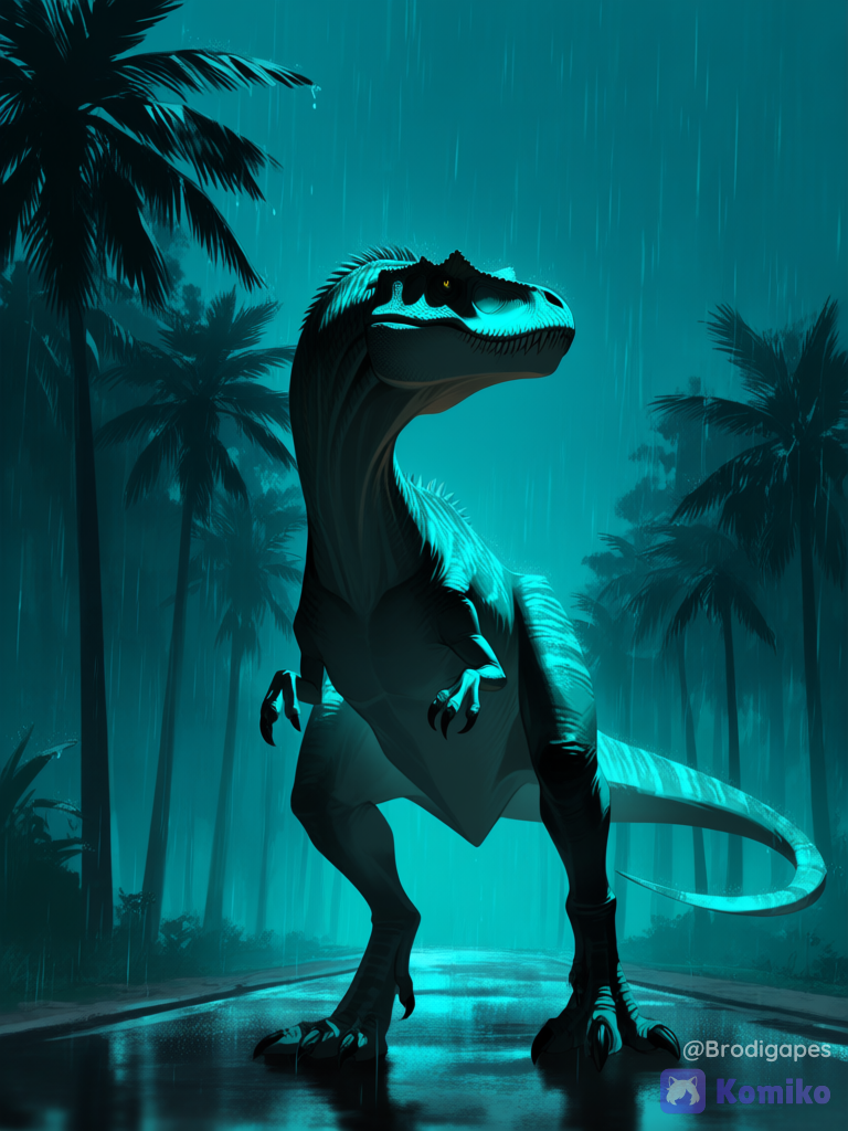 no humans, dinosaur, t-rex, solo, full body, road, palm tree, night, rain, looking to the side, standing, realistic, [aqua-dreamlight-style]
