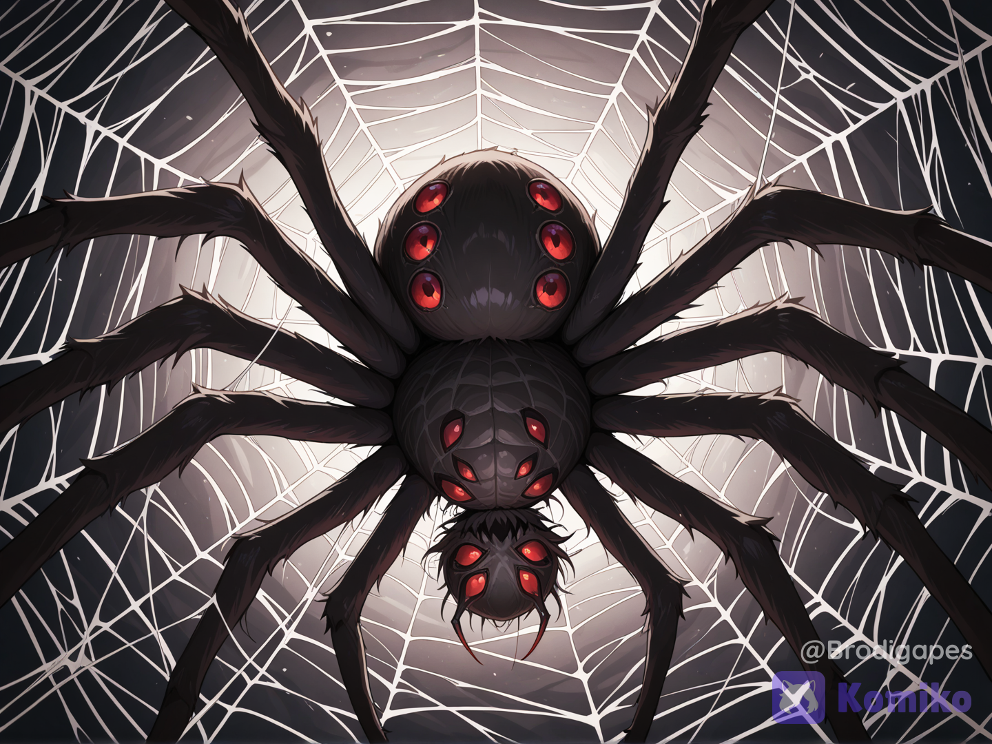 no humans, spider web, spider, multiple eyes, red eyes, solo, from below, upside-down, monster, monsterification, horror (theme), looking at viewer