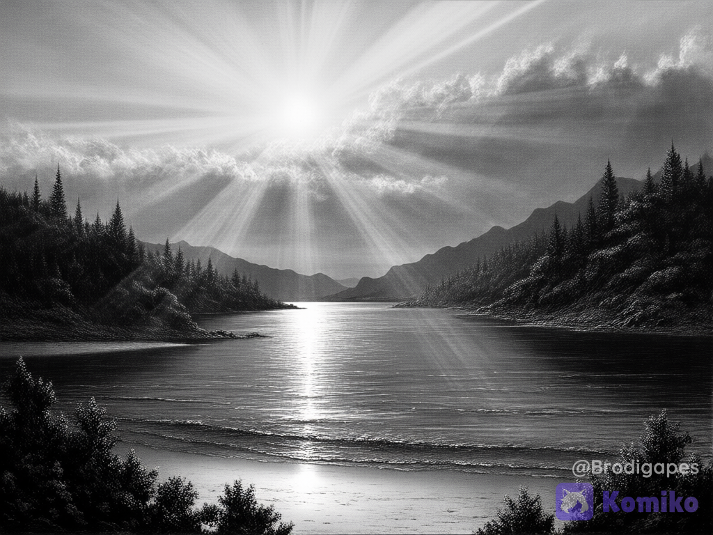 no humans, landscape, scenery, beach, lake, mountain, tree, sun, cloudy sky, light rays, graphite (medium)