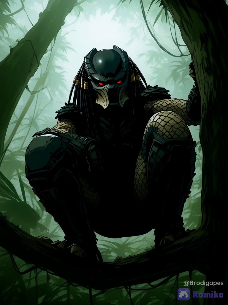 no humans, Yautja, Predators, predator \(character\), predator \(series\), 1boy, long hair, black hair, helmet, alien, dreadlocks, monster boy, solo, sitting in tree, squatting, looking at viewer, jungle, outdoors, transulent silhouette, full body, from below, red eyes, glowing eyes