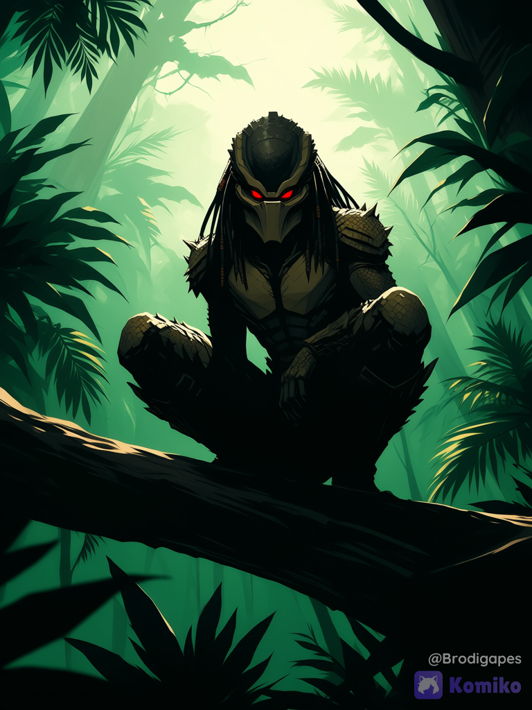 no humans, Yautja, Predators, predator \(character\), predator \(series\), 1boy, long hair, helmet, alien, dreadlocks, monster boy, solo, sitting in tree, squatting, looking at viewer, jungle, outdoors, transulent silhouette, from below, red eyes, glowing eyes, invisible man