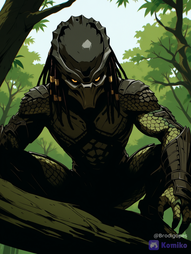 no humans, Yautja, Predators, predator \(character\), predator \(series\), 1boy, long hair, helmet, alien, dreadlocks, monster boy, solo, sitting in tree, squatting, looking at viewer, jungle, outdoors, from below, invisible man