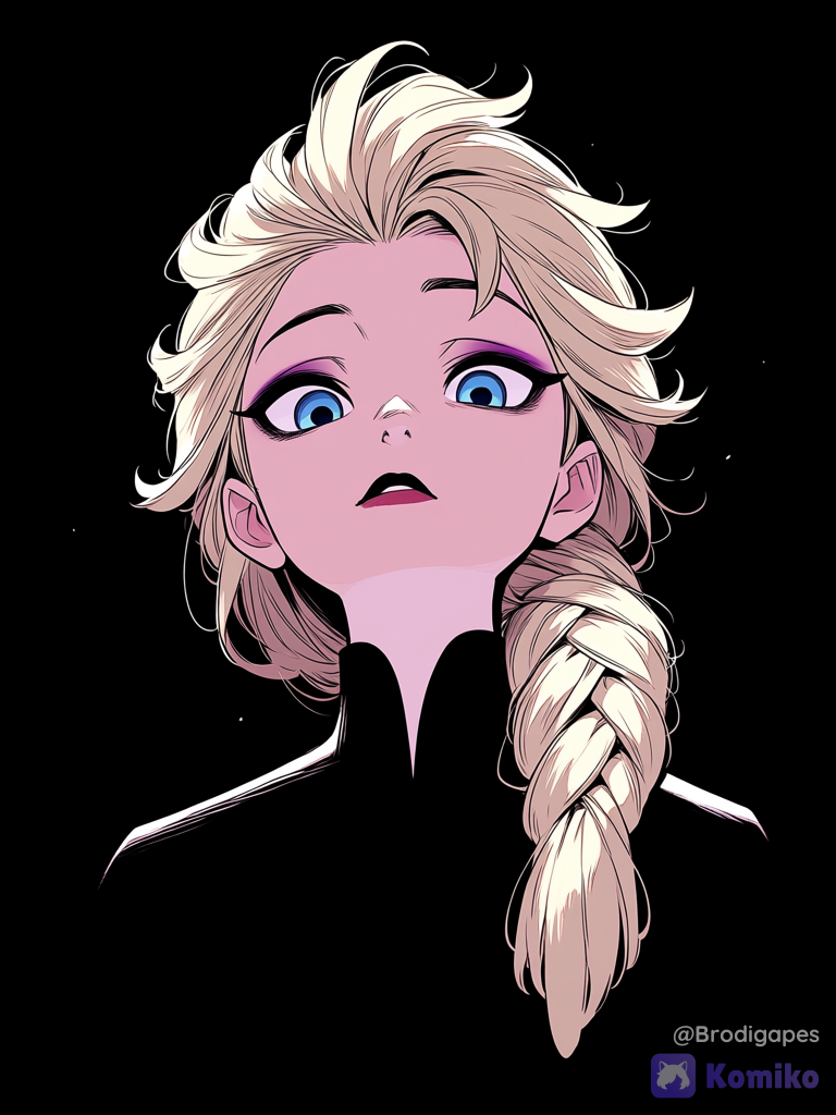 elsa \(frozen\), frozen \(disney\), 1girl, blue eyes, blonde hair, long hair, single braid, hair over shoulder, solo, black shirt, messy hair, looking at viewer, from below, simple background, black background, western comics (style), portrait