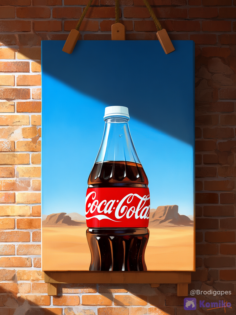 no humans, painting (object), hanging, brick wall, indoors, soda bottle, coca-cola, painting (medium), midair, desert, sunlight