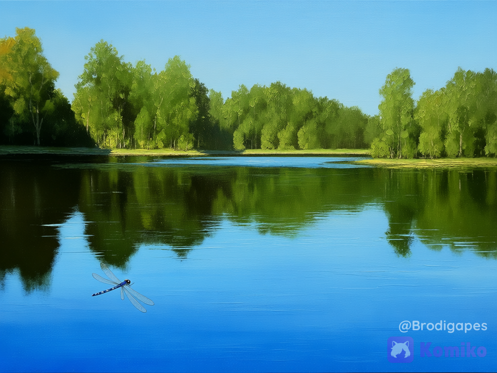 no humans, scenery, lake, blue sky, dragonfly, reflection, painting (medium)