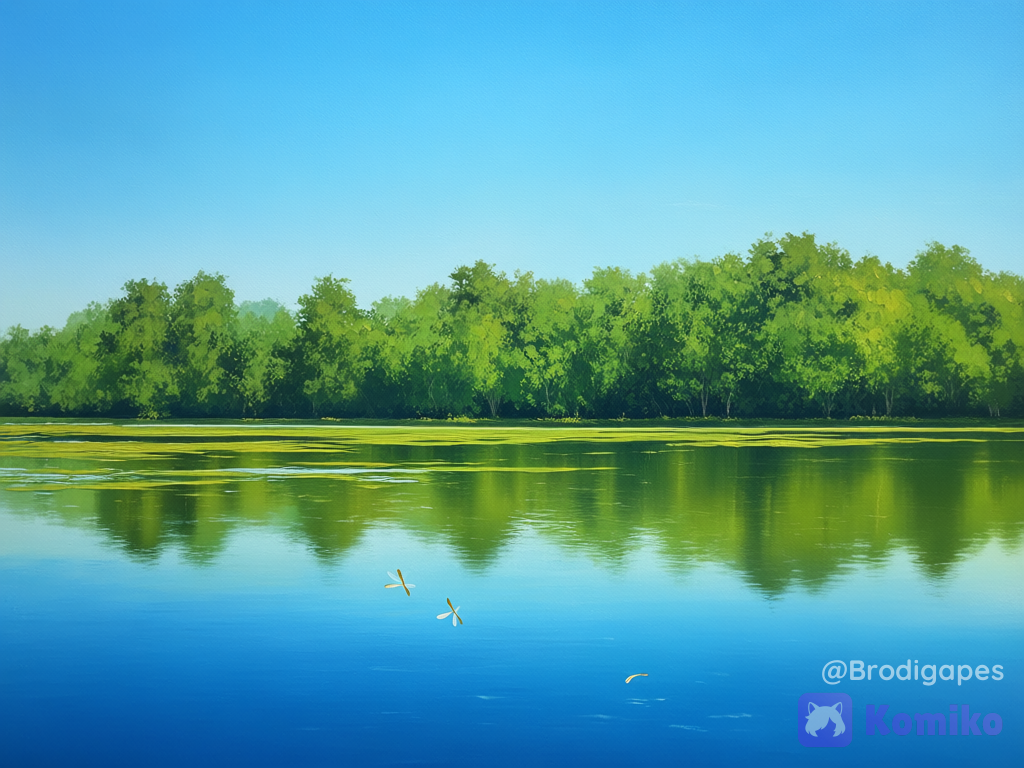 no humans, scenery, lake, blue sky, dragonfly, reflection, painting (medium)