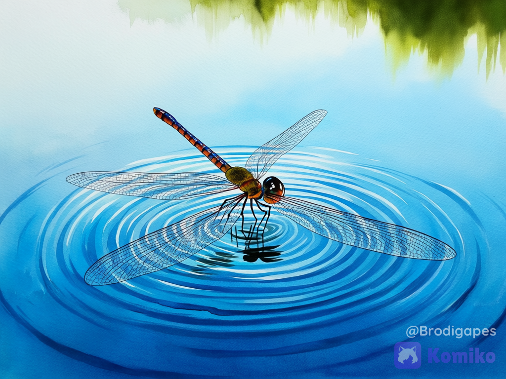 no humans, scenery, lake, blue sky, dragonfly, reflection, watercolor (medium), solo, standing, ripples