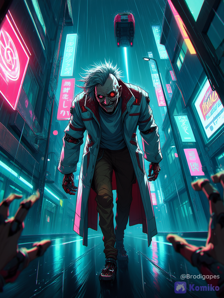 1boy, solo, old, full body, wrinkled skin, cyborg, mechanical eye, walking, leaning forward, reaching towards viewer, cyberpsychosis eyes, crazy smile, grey hair, messy hair, mohawk, cracked face, brown pants, white shirt, white coat, open coat, mechanical arms, science fiction, cyberpunk, street, night, outdoors, rain, neon lights, flying car, from below, pov hands