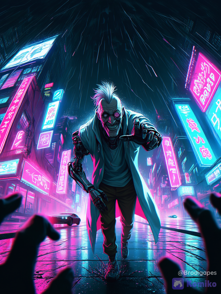 1boy, solo, old, full body, wrinkled skin, cyborg, mechanical eye, walking, leaning forward, reaching towards viewer, cyberpsychosis eyes, crazy smile, grey hair, messy hair, mohawk, cracked face, brown pants, white shirt, white coat, open coat, mechanical arms, science fiction, cyberpunk, street, night, outdoors, rain, neon lights, flying car, from below, pov hands, storm, fisheye, glitch, acid graphics