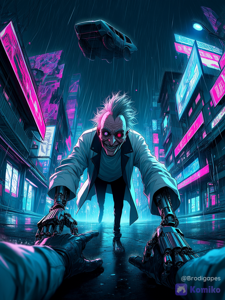 1boy, solo, old, wrinkled skin, cyborg, mechanical eye, walking, leaning forward, reaching towards viewer, cyberpsychosis eyes, crazy smile, grey hair, messy hair, mohawk, cracked face, white shirt, white coat, open coat, mechanical arms, science fiction, cyberpunk, street, night, outdoors, rain, flying car, from below, pov hands, storm, fisheye, glitch, acid graphics