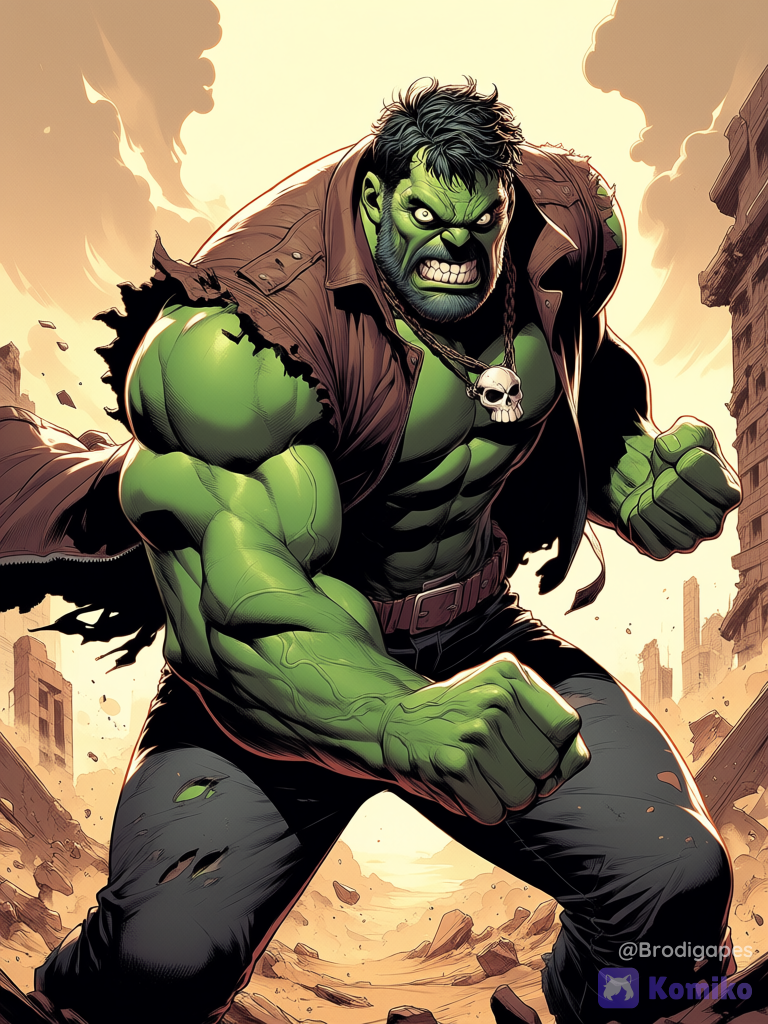 1boy, hulk, marvel, two-tone skin, grey skin, green skin, thick thighs, muscular male, abs, bara, large pectorals, wrinkled skin, solo, grey hair, Thick beard, balding, messy hair, clenched teeth, missing teeth, angry, looking at viewer, crazy, desert, ruins, outdoors, fighting stance, skull necklace, crazy eyes, open jacket, torn clothes
