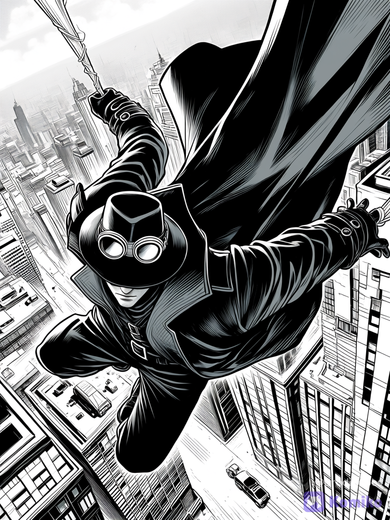 spider-man noir, marvel, 1boy, goggles, mask, gloves, fedora, solo, coat, monochrome, flying, midair, city
