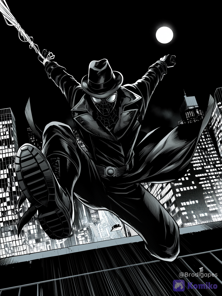 spider-man noir, marvel, 1boy, goggles, mask, gloves, fedora, solo, coat, monochrome, flying, midair, city, night, covered face