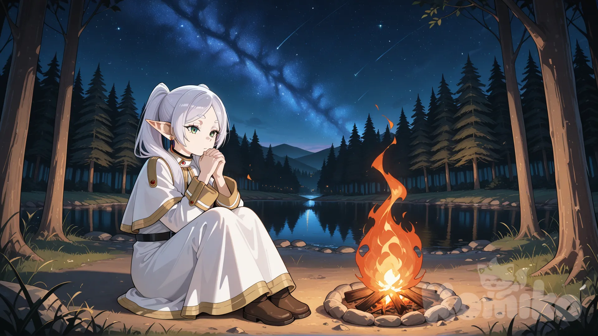 Frieren from Frieren: Beyond Journey's End, landscape, ultra hd, 8k, night, alone, at woods, around burning fire, clear night sky, stars, closeup, at a riverside, under a tree, looking at fire, warming her hands over the fire
, Frieren