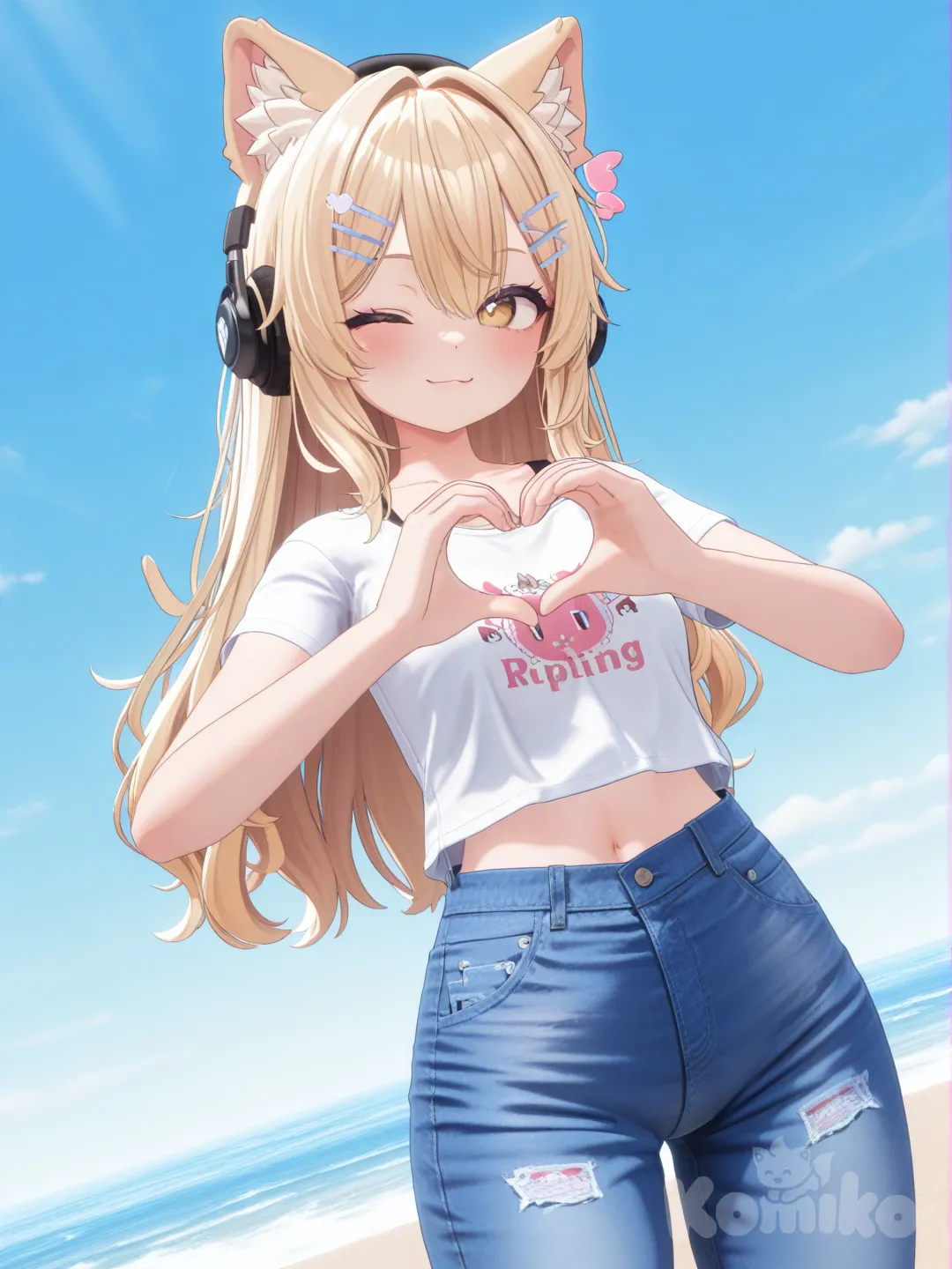 1girl, heart hands, smile, one eye closed, jeans, beach shorts, hairpin, [3d-model-style], anime coloring, kawaii, cat ears, headphones, blonde hair, headshot, day