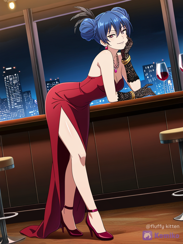 [bold-anime-screencap-style], 1girl 21 years old, leaning forward, touching face, smirk, alluring￼, feather hat, necklace, earrings, bracelet, opera gloves, lace, red femme fatale dress, silk, blue hair, double buns, strappy heels, full body, looking at viewer, night, cafe