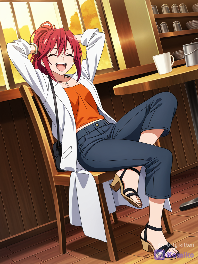 [bold-anime-screencap-style], leaning back, sitting on a chair, laughing, arrogant, 1girl 30 years old, lab coat, tube top, capri pants, crossbody bag, bracelet, bucket hat, red hair, high ponytail, side part, sandal heels, full body, looking at viewer, twilight, cafe