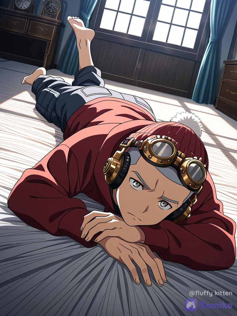[bold-anime-screencap-style], 1boy 27 years old, lie on stomache, depressed, oversized hoodie, cargo pants, studs, silk, headphones, knit hat, steampunk goggles, buzz cut, silver hair, barefoot, silver eyes, full body, looking at viewer, cinematic lighting, bed room