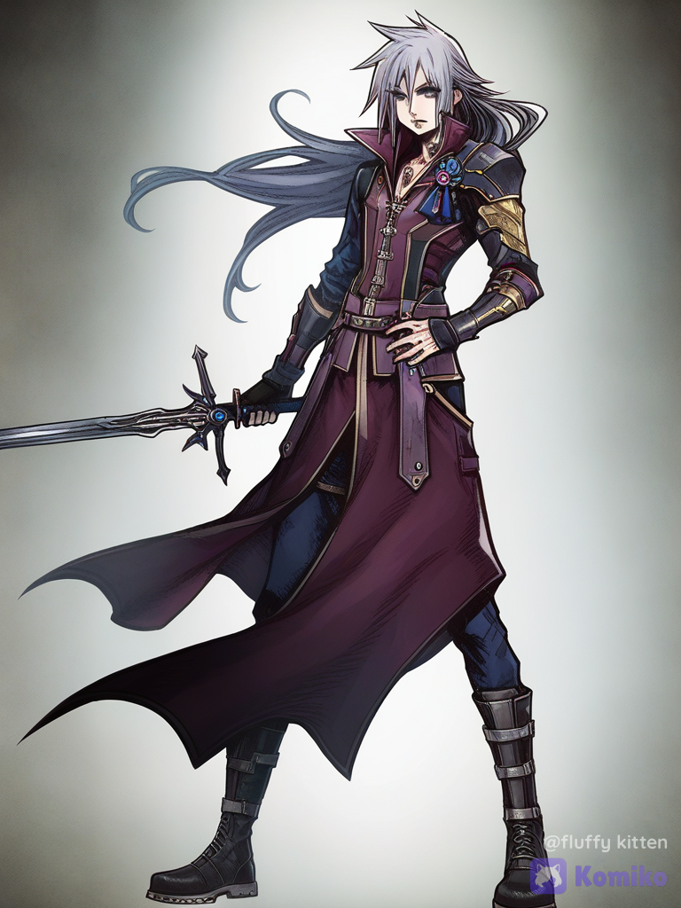 [classic-jrpg-style], 1boy 27 years old, holding sword, serious, royal outfit, battle outfit, silk, corsage, necklace, silver hair, loose hair, silver eyes, combat boots, full body, looking at viewer, cinematic lighting, white background