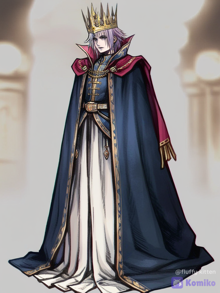 [classic-jrpg-style], 1boy 45 years old, serious, royal outfit, silk, pastel hair, silver eyes, crown, full body, looking at viewer, cinematic lighting, white background